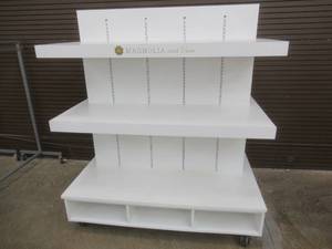 lot 29 image: Large 3-Tier Shelving Rolling Center Display Island in White, Approximate Dimensions 61 x 43 x 69 Tall.