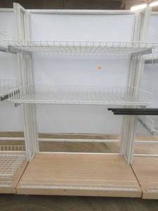 lot 71 image: Stationary Wall Display Rack With Adjustable Wire Basket Shelves And Wood Base. Approximate Dimensions 51 x 26 x 78 Tall.