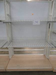 lot 74 image: Stationary Wall Display Rack With Adjustable Wire Basket Shelves And Wood Base. Approximate Dimensions 51 x 26 x 78 Tall.