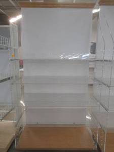 lot 77 image: Rolling Wall Display Unit With Plexiglass Shelving and Wood Base and Top Molding. Approximate Dimensions 48 x 24 x 91 Tall.
