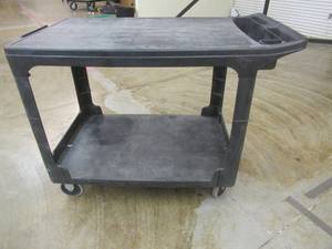 lot 133 image: Rubbermaid Rolling Cart. Approximate Dimensions 44 x 25 x 33 Tall.