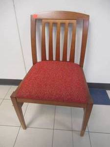 lot 184 image: Slat Back Upholstered Wooden Chair. Slight Scratch and Dent.