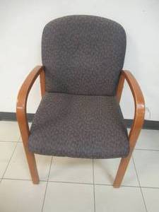 lot 186 image: Upholstered Wooden Arm Chair. Slight Scratch and Dent.