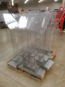 lot 204 image: Pallet of Plexiglass Retail Sign Display Stands. Approximate Dimensions 11 12 x 14 x 46 Tall.