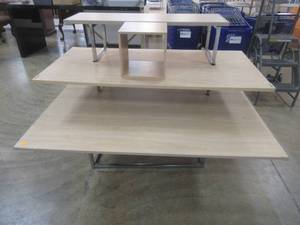 lot 223 image: 3-Tire Display Stand, Approximate Dimensions 62 x 45 x 44 Tall, Slight Scratch and Dent, Slightly Bent Frame.