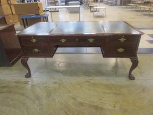 lot 502 image: 72 in Baker Furniture Wooden Office Desk with Green Leather Inlay (NO KEYS, SMALL CHIP ON LEG)