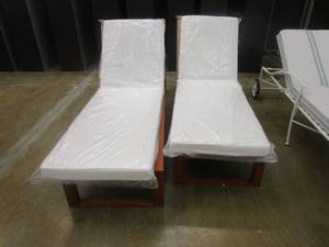 lot 531 image: 2 piece Teak Lounge Chairs with White Cushions (NICE CONDITION, CUSHIONS STILL IN PLASTIC)