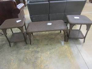 lot 532 image: 3 Piece Llyod Flanders Coffee & End Table Set (SMALL CHIPS ON THE TOP OF THE END TABLES, SEE PHOTOS)