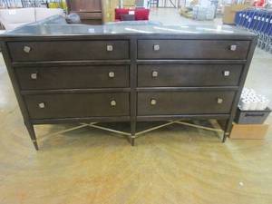 lot 553 image: 72 in 6 Drawer Dresser in Wood with Glass In-lay on Top (COUPLE SCUFFS ON WOOD, OTHERWISE NICE CONDITION)