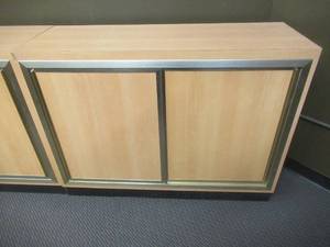 lot 273 image: Sliding Door Cabinet With Adjustable Shelf, Approximate Dimensions 48 x 17 x 36 Tall. Slight Scratch and Dent.