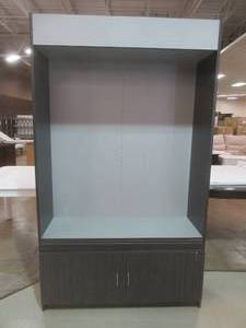 lot 321 image: Wall Display Shelving UnitBookcase in Dark Gray and White. Approximate Dimensions 47 x 16 x 80 Tall. - Includes 4 Adjustable Shelves and Bottom Storage Cabinet. Slight Scratch on RH Front Cabinet Door.