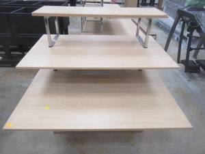 lot 340 image: 3-Tier Display Table. Approximate Dimensions 50 x 45 x 45 Tall. Slight Scratch and Dent.