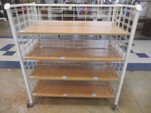 lot 347 image: 4-Shelf Double -Sided Wire Rolling Rack With Wooden Shelving, Approximate Dimensions 51 x 31 x 56 Tall.