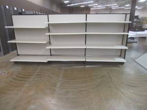 lot 355 image: Gondola Shelving 3 Units With 1 Slotted End Cap, Each Double-Sided Unit is 48 x 63 Tall With 19 Base Shelf and 16 Upper Shelving. Must Dismantle On Site.