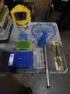 lot 23 image: New Fillet Knife, Net, Tackle Organizers & Minnow Bucket