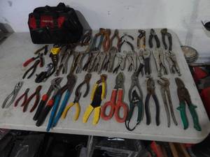 lot 47 image: Tool Bag With Large Assortment Of Pieres, Vice Grips, Cutters, More