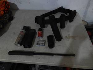 lot 62 image: Duty Belt With Pepper Spray, Impact Baton & Holsters