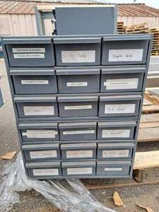 lot 17 image: Metal Work Van Storage Organizer Cabinet 18-bin 17-12x12x22 with Various Hardware