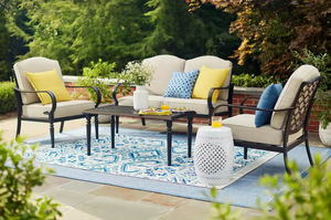 Hampton Bay Laurel Oaks Black 4-Piece Steel Outdoor Patio Conversation Seating Set with CushionGuard Putty Beige Cushions
