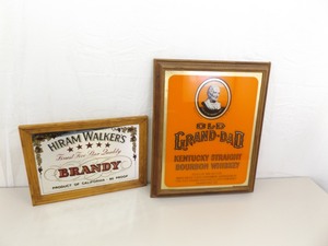 Framed Glass Old Grandad and Hiram Walkers Alcohol Advertising Signs