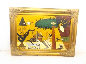 Wood Framed Abstract Oil Painting of a Farm Scene