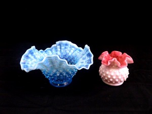 2 Vintage Fenton Blue and Pink Hobnail Ruffled Bowl and Bud Vase