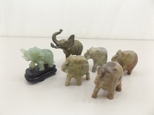 Lot of 6 Jade, Brass, and Stone Carved Elephant Figurines