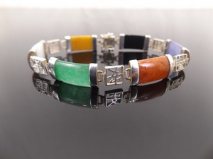 .925 Sterling Silver Multi Stone Jade, Coral, Onyx, etc. Asian Themed Bracelet