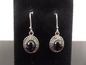 .925 Sterling Silver Garnet Cabochon Dangle Hook Earrings