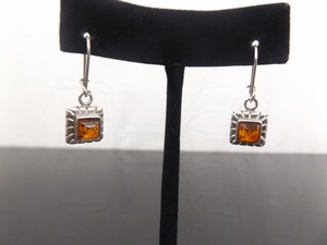 .925 Sterling Silver Amber Square Cabochon Hook Latch Earrings