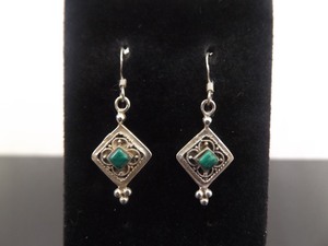 .925 Sterling Silver Malachite Dangle Hook Earrings