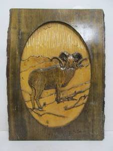 lot 51 image: Vintage Relief Carved Wood Folk Art Bighorn Sheep Wall Carving