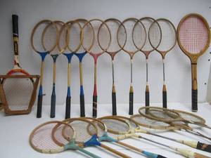lot 175 image: Large Lot of Vintage Wooden Badminton & Tennis Rackets