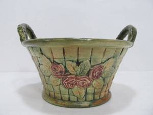 lot 257 image: Excellent Signed WELLER Flemish Rose Double Handled Art Pottery Basket 