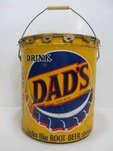 lot 124 image: Vintage DADS ROOT BEER Large Metal 5 Gallon Advertising Can wLid