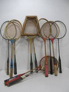 lot 125 image: Large Lot of Vitage Wooden Badminton & Tennis Rackets