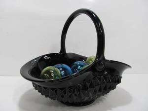 lot 142 image: Vintage Black Glass Basket wBlueGreen Hand Blown Glass Balls