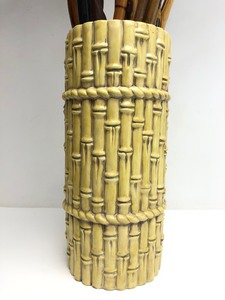 lot 5 image: Mid Century Faux Bamboo Ceramic Umbrella Stand FULL of Vintage Canes & Walking Sticks