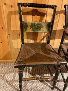 lot 136 image: 4 Vintage Ornate Wooden Grape Themed Chairs with Woven Seats