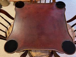 lot 159 image: Vintage Game Table with Inlay and 4 Woven Seat Chairs
