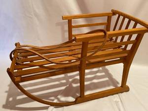 lot 166 image: Decorative Vintage Wooden Sled with Leather Strap
