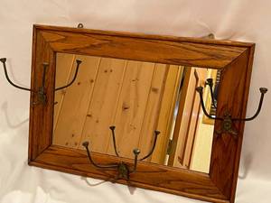 lot 182 image: Vintage Oak Wall Mount Mirror with Coat Rack
