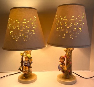 lot 80 image: Charming Hummel Figurine Lamps with Pierced Lamp Shades