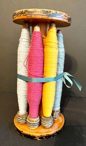 lot 243 image: Charming Large Vintage Spools of Thread and Jar w Notions