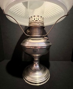 lot 179 image: Vintage Metal Aladdin Oil Lamp with Hobnail Milk Glass Shade