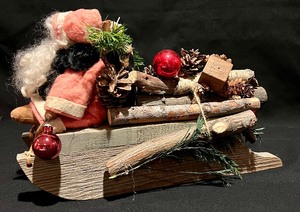 lot 349 image: Artisan Vintage Santa on Hand Carved Wooden Sleigh
