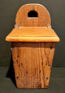 lot 466 image: Antique Blacksmith Hand Forged Steel Whale Fat Oil Betty Lamp, Primitive Wood Salt Cellar and Match Holder