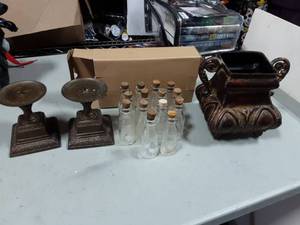 14-Glass Bottles With Corks (Thomas Edison Battery Oil) Pair Of Candle Sticks, Metal Urn.