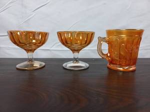 Carnival Glass Mug & Two Sherbet Glasses