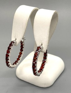 lot 32 image: Sterling Silver and Garnet Hoop Earrings